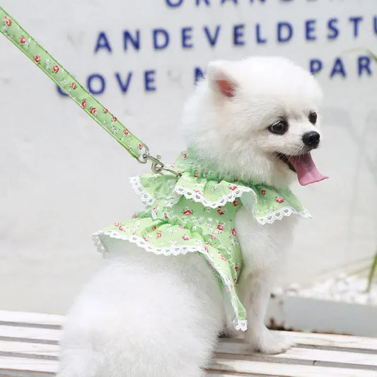 Adjustable Lace Floral Dog Cat Harness Leash Set Mesh Vest