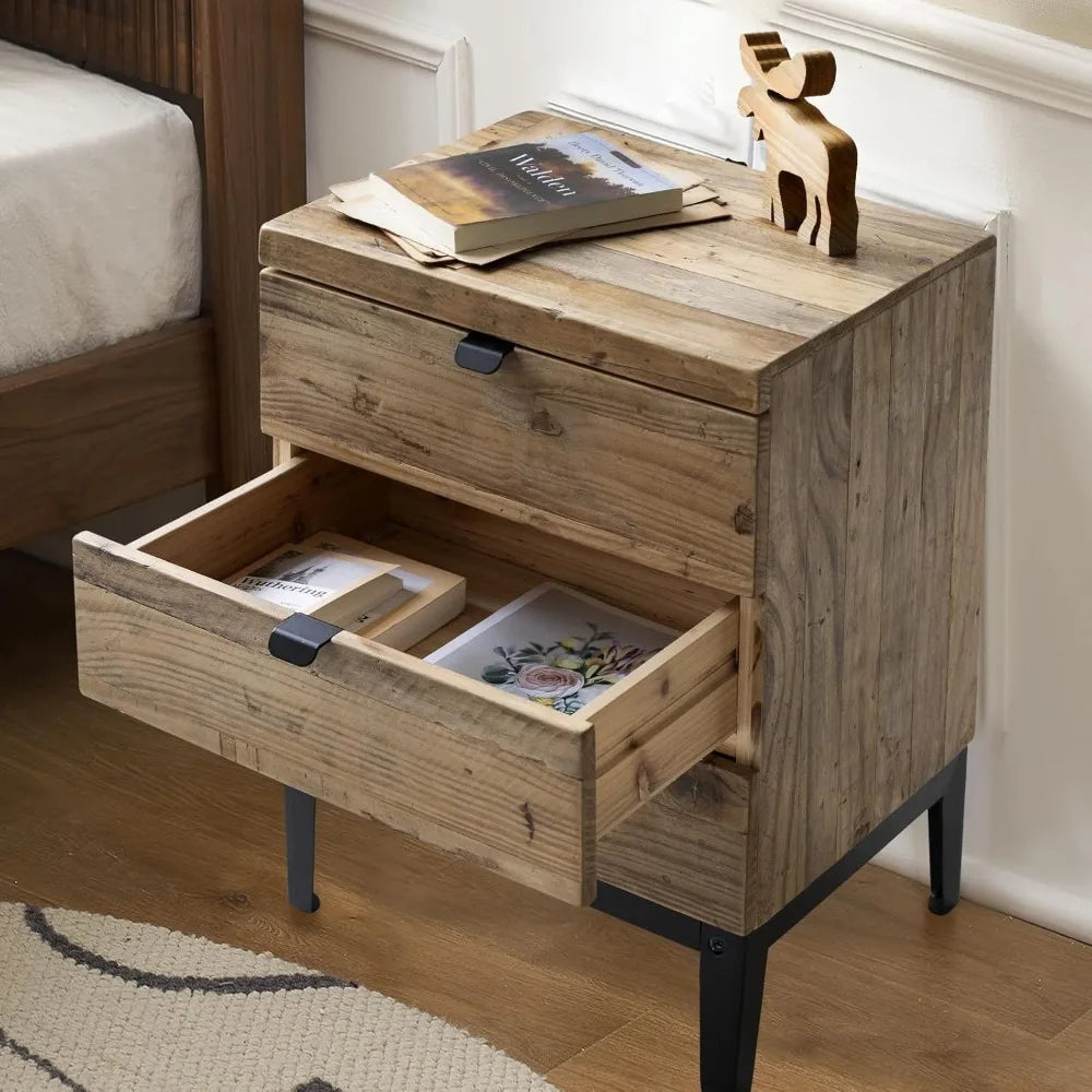 Farmhouse Wood Nightstand Bedside Table with Three Drawers Storage for Living Room and Hallway Distressed Finish