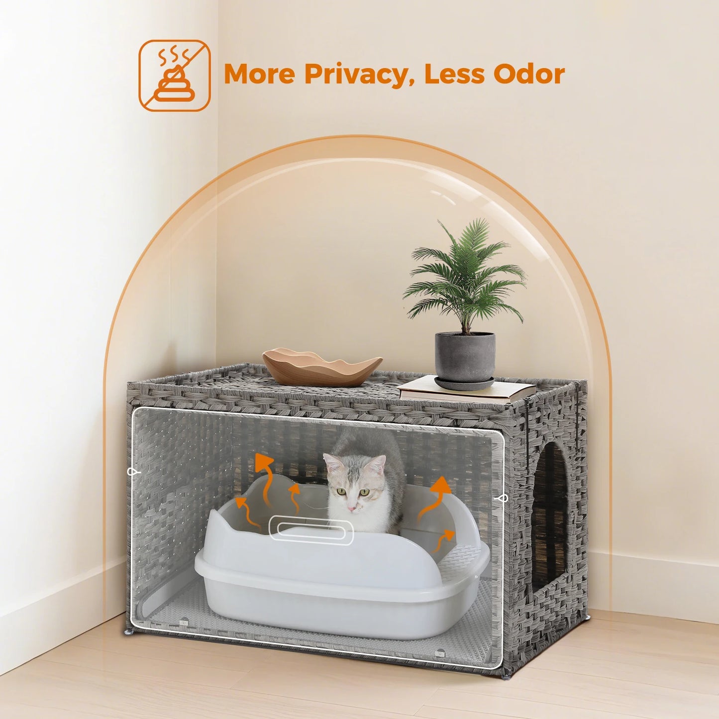 Rattan Cat Litter Box Enclosure Furniture with Door Handwoven Rattan Hidden Litter Box for Living Room Odor Control Cat House Bed