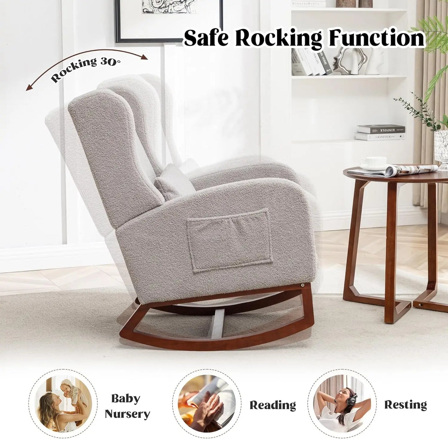Rocking Chair Nursery with Foot Rest, Wingback Nursery Rocking Chairs, Teddy Nursing Glider Rocker Chair with Pillow and High
