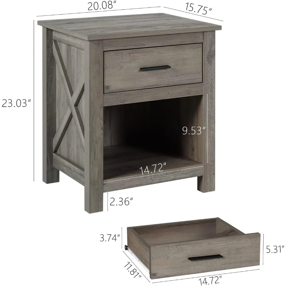Nightstands Set of 2 Wooden Bedside Table with 1 Drawer and Open Cabinet Tall Night Stand for Bedroom Farmhouse Furniture Set