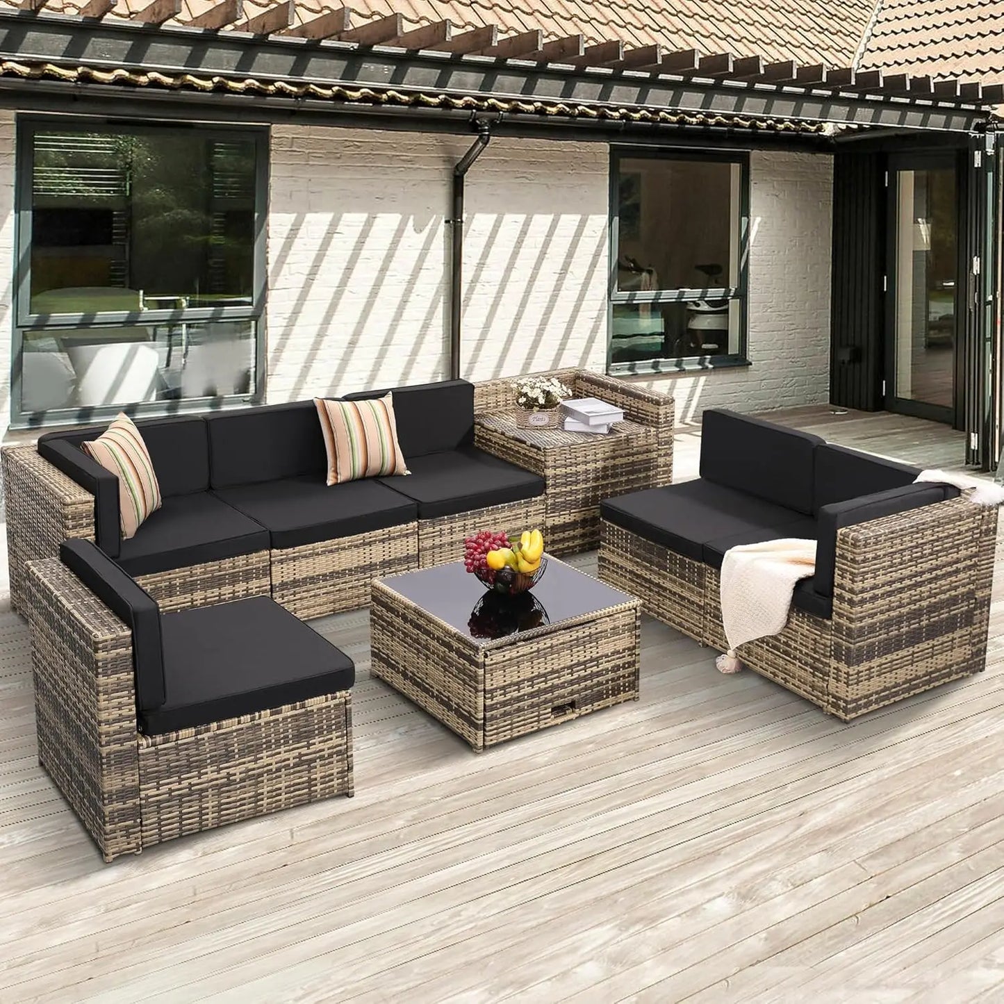 8 Pieces Outdoor Wicker Rattan Patio Furniture Sectional Set with Glass Top Table and Hidden Storage, 7 Sofa Sections with Oversized Cushions in Natural Color Rattan and Black Cushions