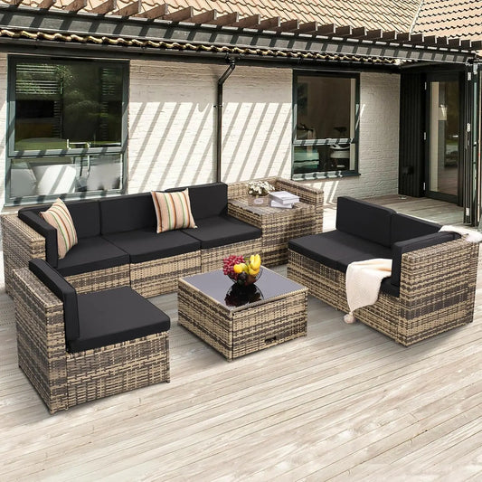 8 Pieces Outdoor Wicker Rattan Patio Furniture Sectional Set with Glass Top Table and Hidden Storage, 7 Sofa Sections with Oversized Cushions in Natural Color Rattan and Black Cushions