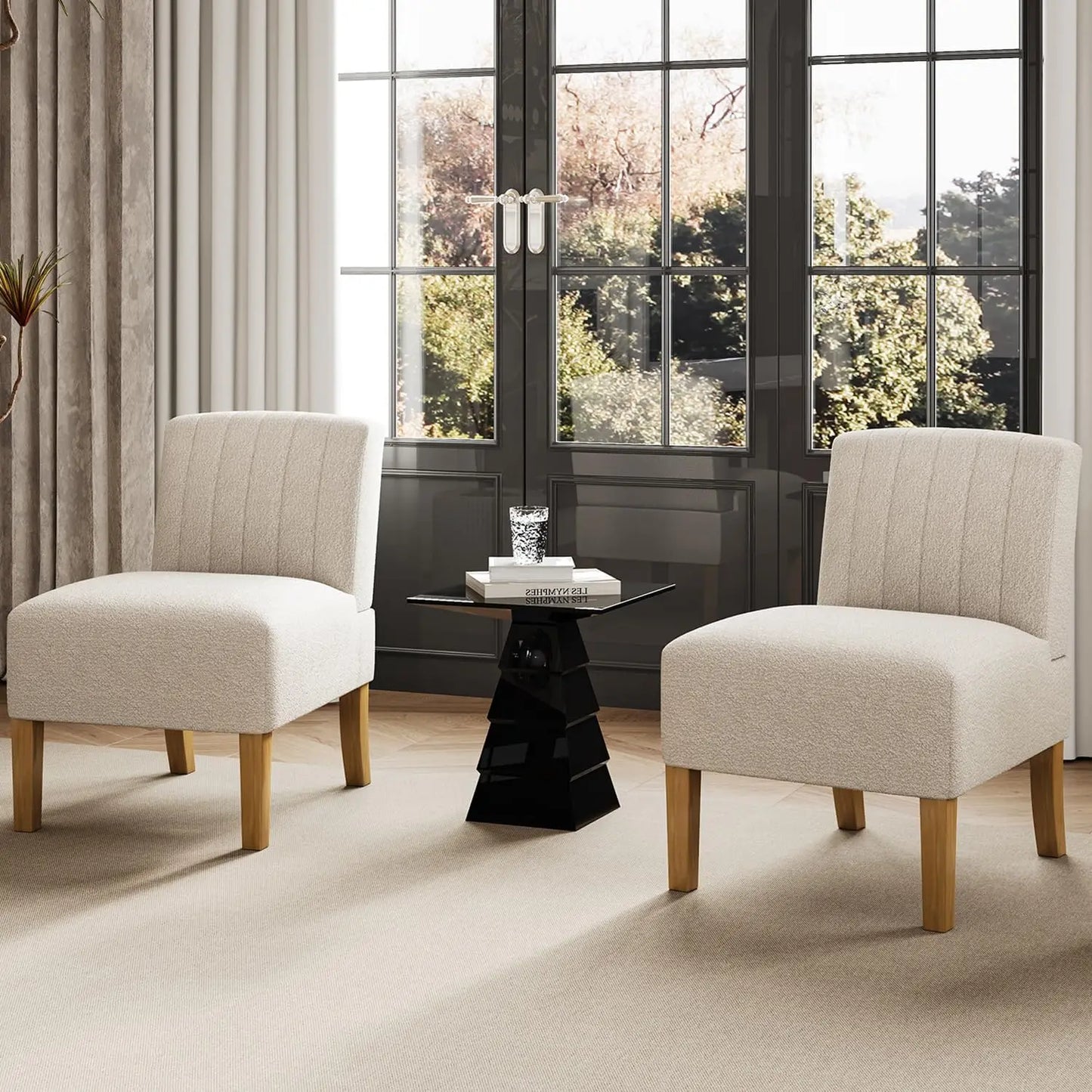 Accent Chairs Set of 2 - Modern Slipper Chairs for Living Room, Solid Wood Legs, Comfy Upholstered Fabric in Black