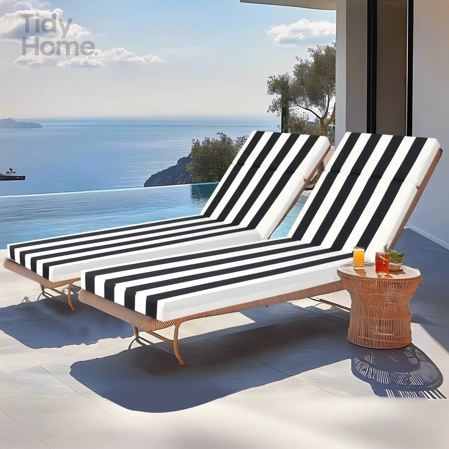 2 Pcs Set Chaise Lounge Chair Cushion Outdoor Cushion Patio Seat Cushion for Lawn Pool Beach 75 x 22.8 x 2 Black White Stripe