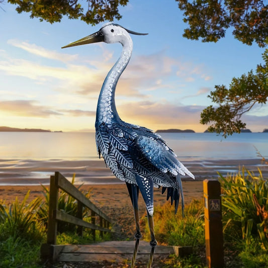 Blue Metal Crane Sculpture Elegant Outdoor Garden Decor Weather Resistant Heron Statue for Patio Lawn and Backyard