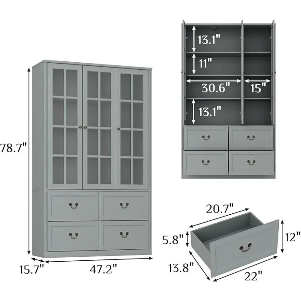 Pantry Cabinet Kitchen Storage Cabinet with Two Drawers and Glass Doors Adjustable Shelves for Kitchen and Pantry Use