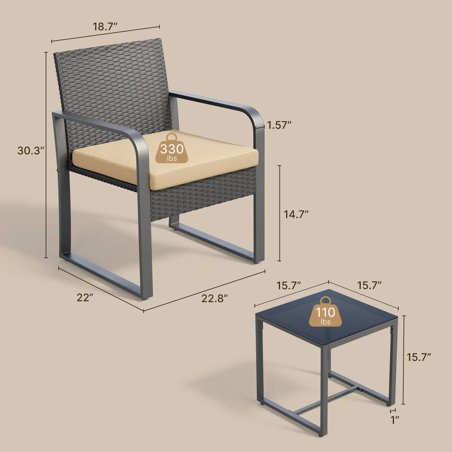 3 Piece Patio Chair Set with Glass Coffee Table Outdoor Rattan Furniture for Garden Porch Bistro Yard Gray Cushion