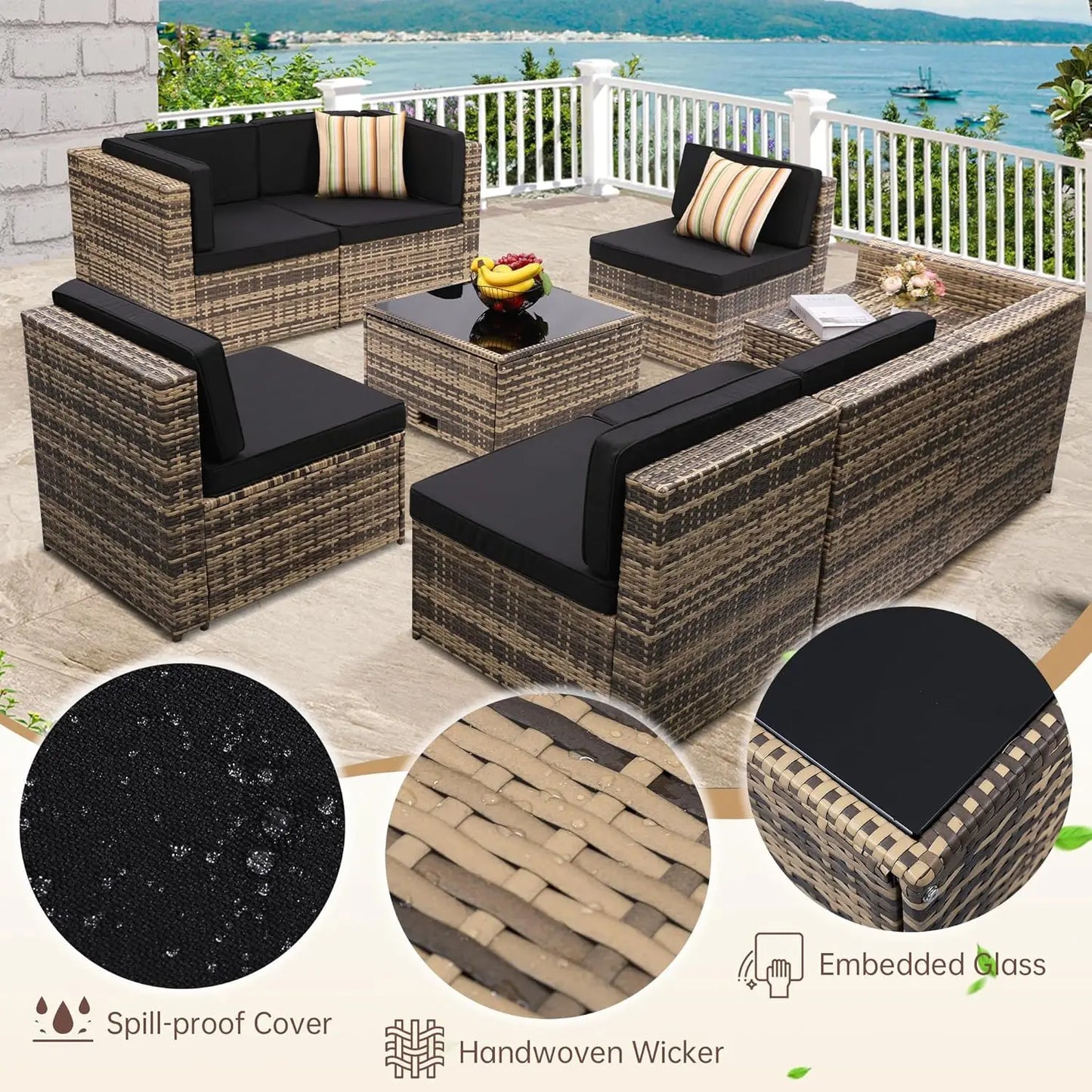 8 Pieces Outdoor Wicker Rattan Patio Furniture Sectional Set with Glass Top Table and Hidden Storage, 7 Sofa Sections with Oversized Cushions in Natural Color Rattan and Black Cushions