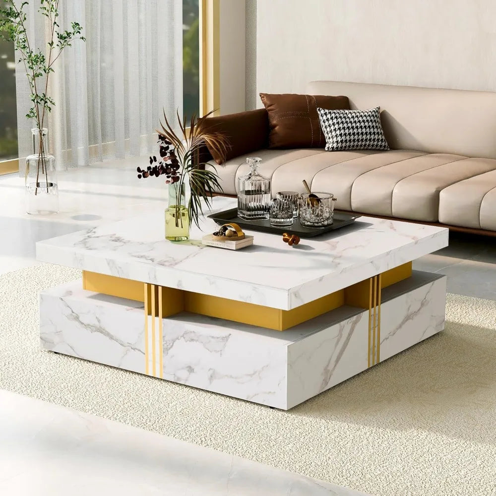 Modern Square Coffee Table with 4 Drawers Contemporary Luxury Center Table with Gold Accents