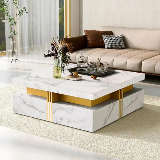 Modern Square Coffee Table with 4 Drawers Contemporary Luxury Center Table with Gold Accents
