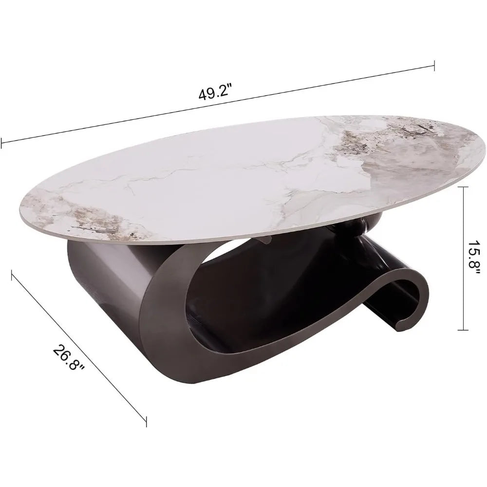49.2 Inch Modern Oval Marble Coffee Table with Sturdy Metal Base Luxury Living Room Furniture