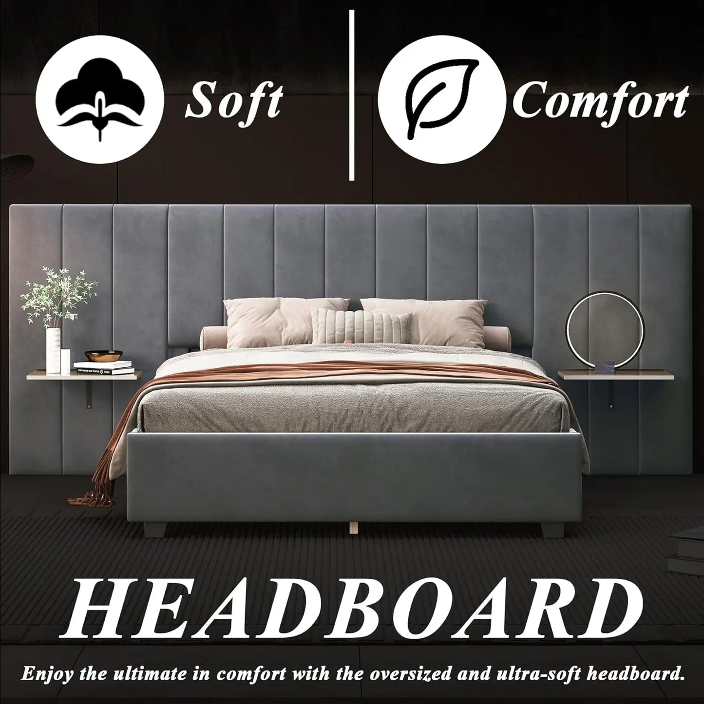 Luxury Upholstered Bed Frame with Tall Headboard and Integrated Bedside Shelves Queen Size Modern Design