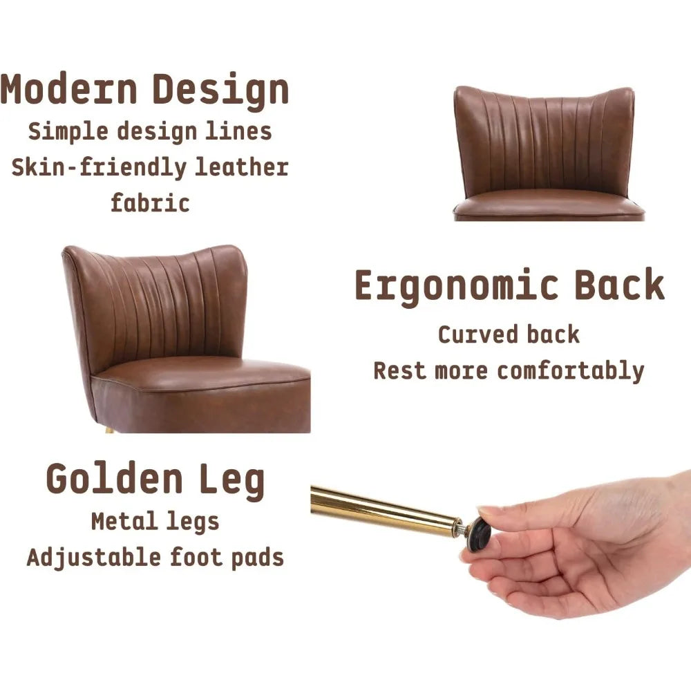 Leather Accent Chairs Set of 2 Modern Armless Upholstered Waterproof Slipper Chairs with Golden Legs Comfy Wingback Side Chairs