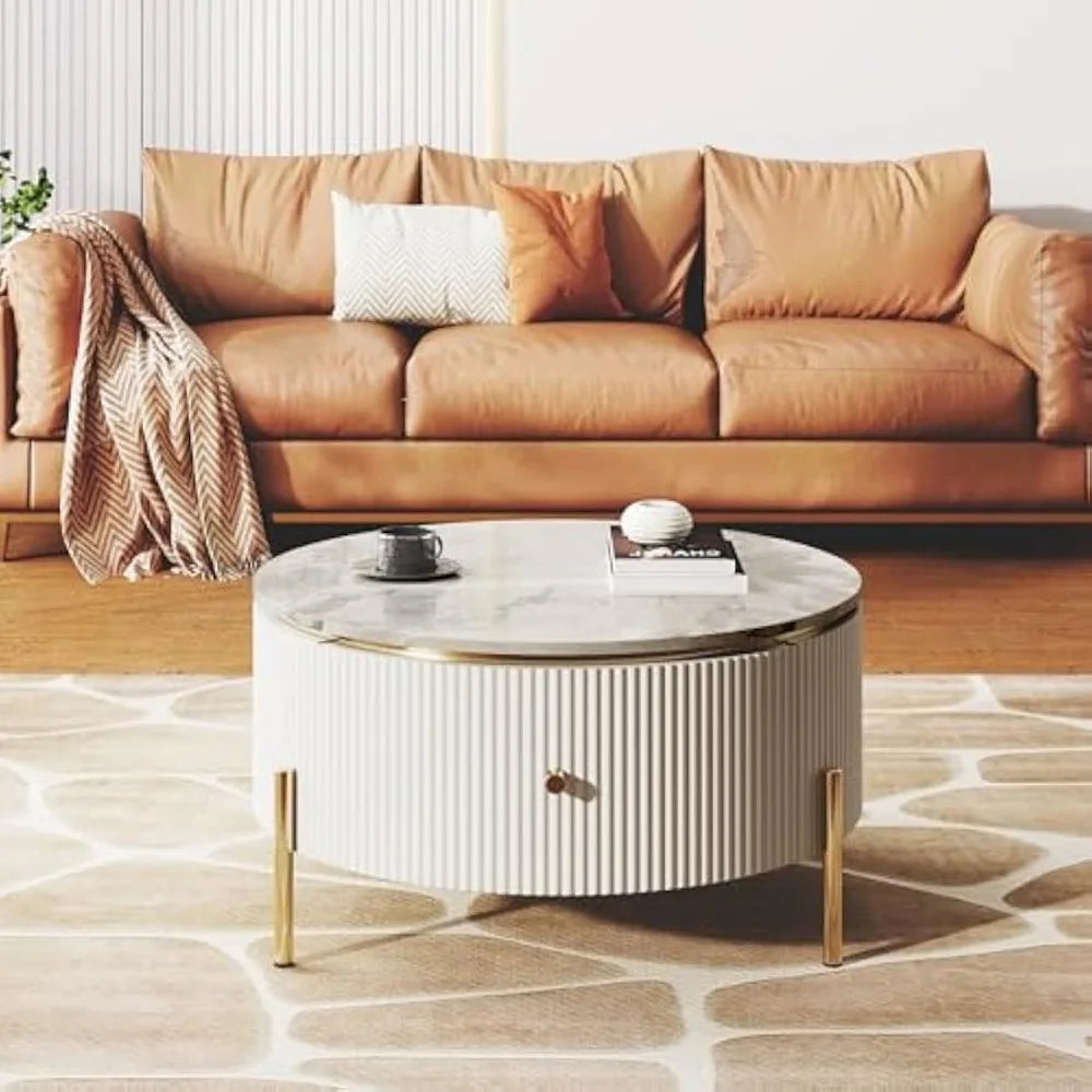 31.5 Inch Round Coffee Table with 2 Large Drawers Modern Marble Pattern and Golden Legs for Elegant Living Room