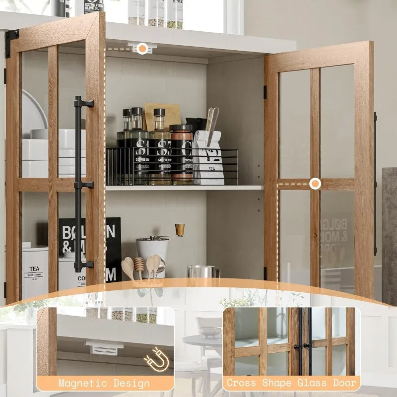 Farmhouse 63 Inch Buffet Sideboard Cabinet with Glass Door Large Storage Cabinet with Adjustable Shelf Wooden Coffee Bar Station
