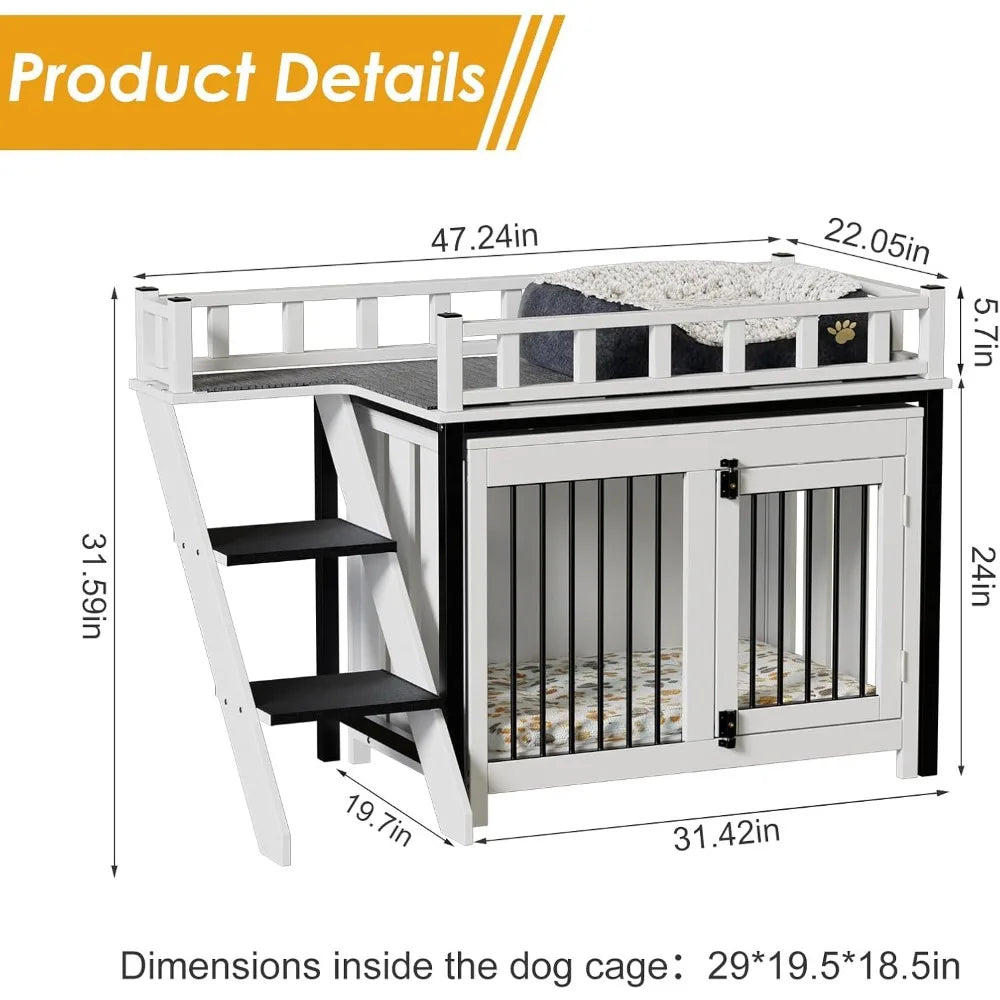 Loft Style Dog Crate Furniture with Double Doors Heavy Duty Dog Kennel Indoor for Medium and Large Dogs Wooden Pet House