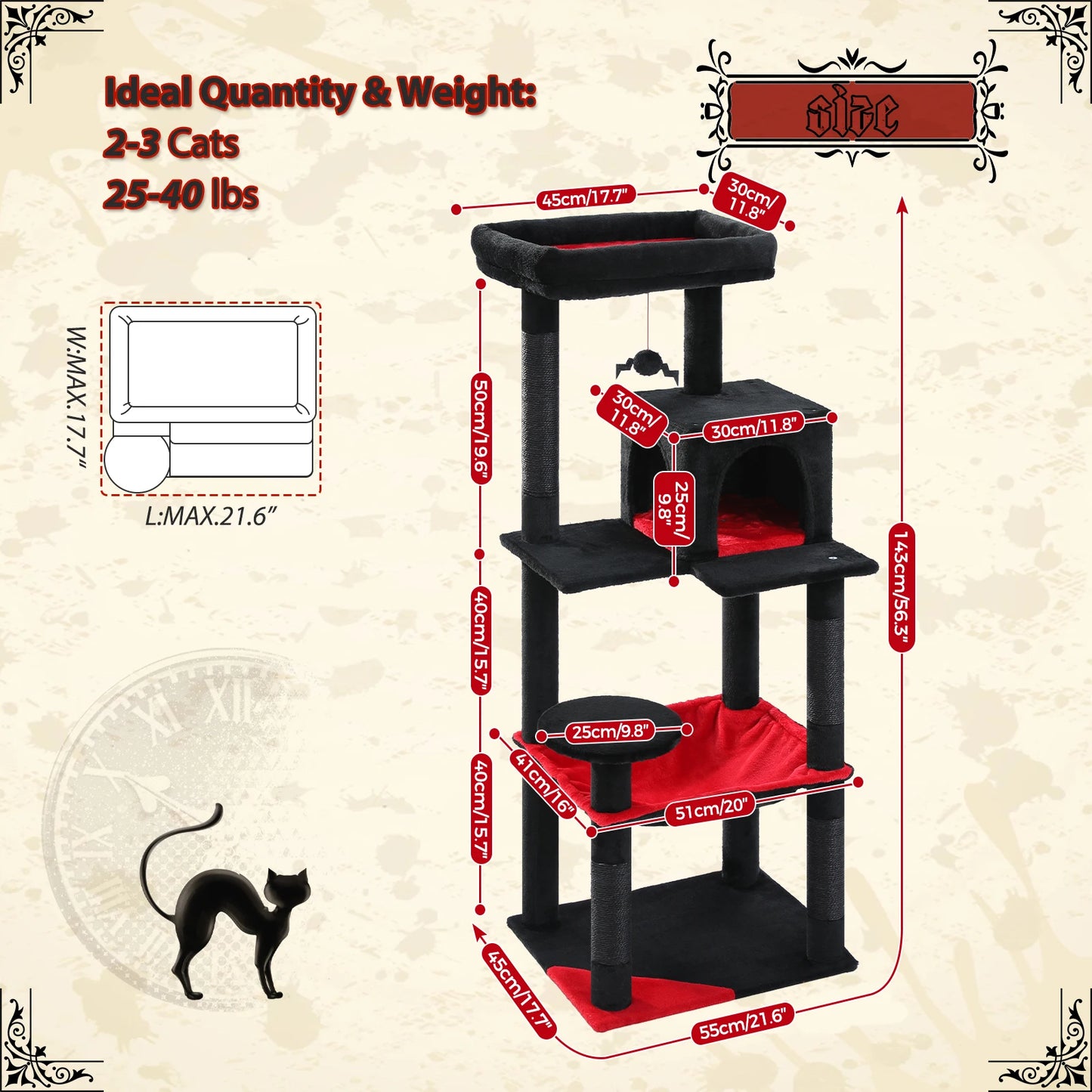 Environment and Cat Friendly Gothic Cat Tree for 2 to 3 Cats with Large Hammock, Sisal Scratch Posts, Cozy Condo and Top Perch