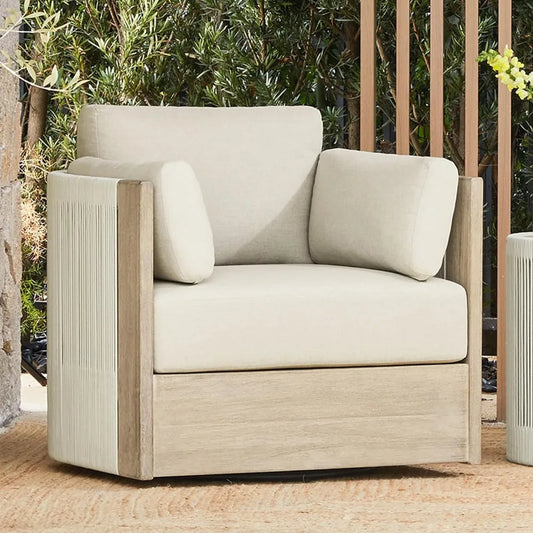Boho Patio Rattan 360 Degree Swivel Chair Outdoor Wicker Furniture with Thickened Cushions and Arm Pillows Acacia Wood Frame