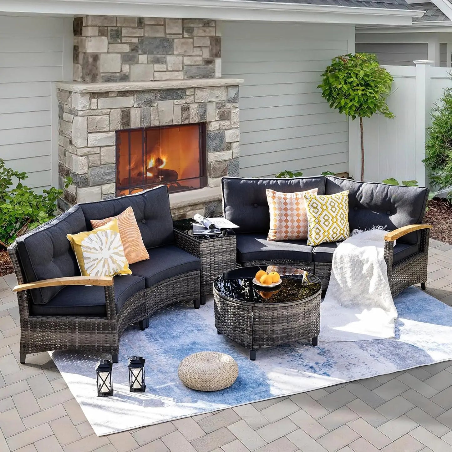 Multi Piece Outdoor Patio Furniture Sets Half Moon Curving Rattan Sofa Conversation Set