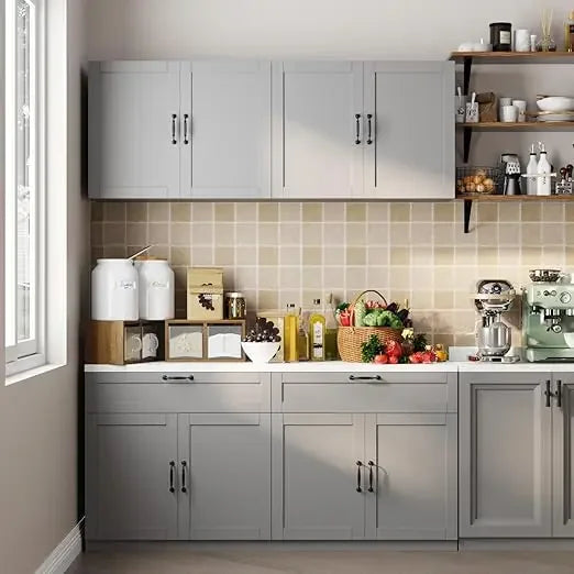 Large Kitchen Pantry Cabinet Set with Wall Mounted Storage Sideboard 8 Doors and 2 Drawers White 63 Inch Wide Modern Kitchen Cabinets