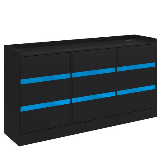 9 Drawer Dresser with Power Outlet and LED Light Modern Chest of Drawers for Closet 63 Inch Drawer Organizer Cabinet for Bedroom