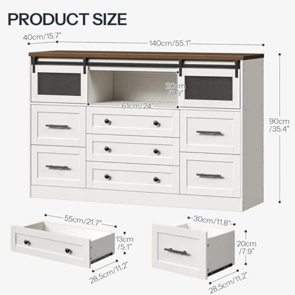 White Farmhouse Dresser for Bedroom 55.1 Inch Large Wooden Chest of Drawers 7 Drawer Long Dresser