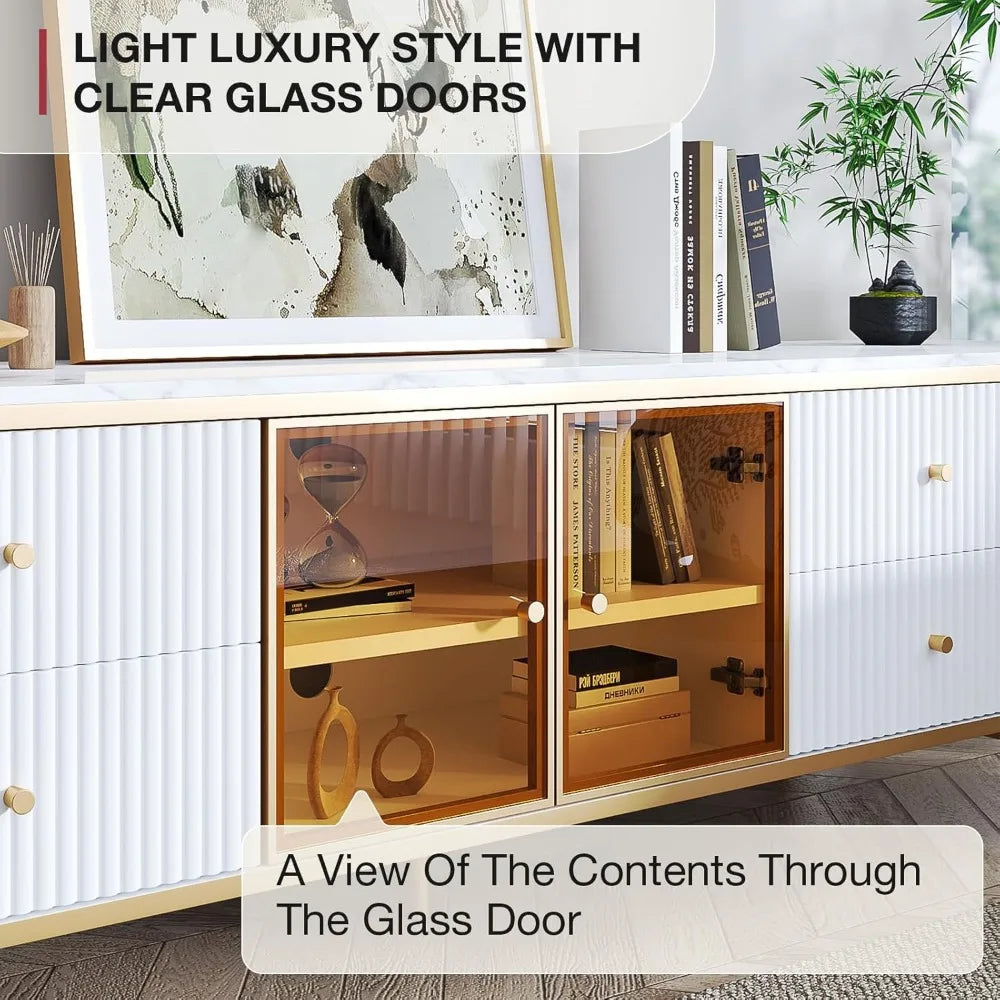 Luxury 70 Inch Fluted TV Stand for TVs Up to 75 Inches Modern Entertainment Center with Faux Marble Top Media Console with Curved Glass Doors