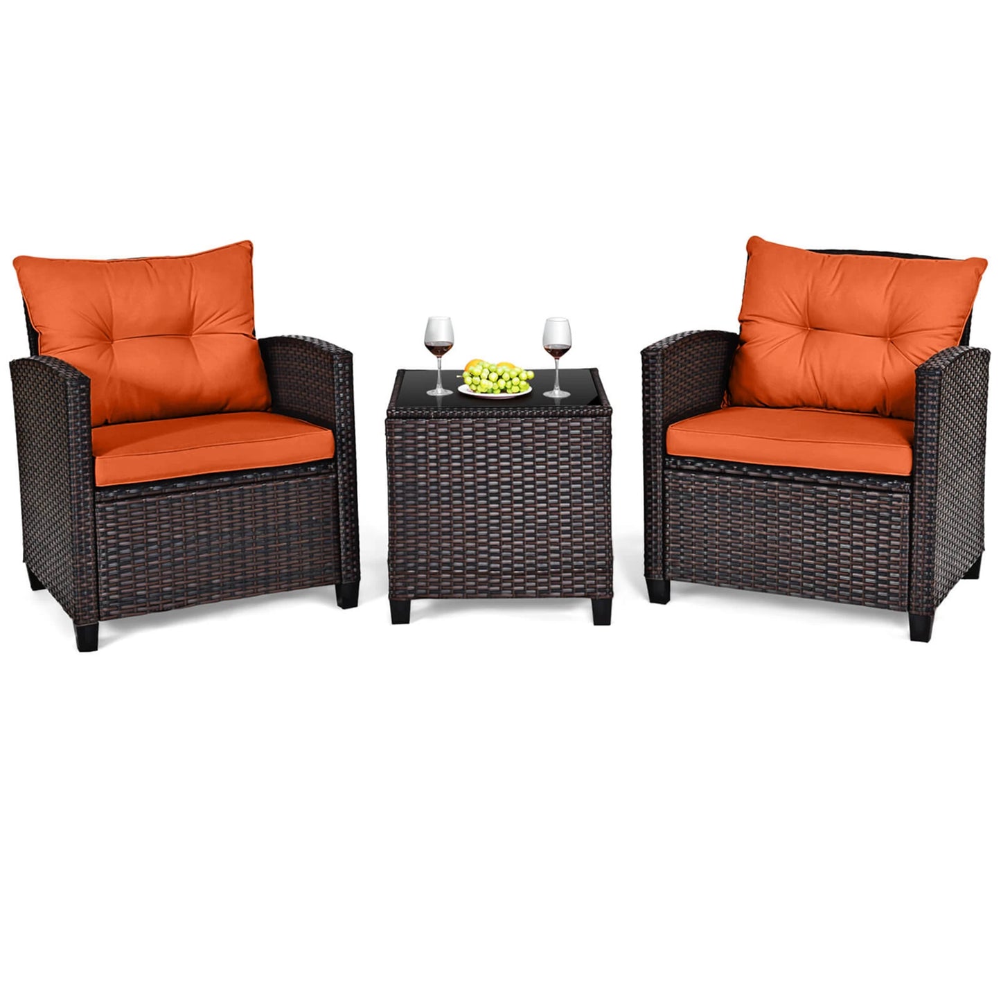 3 Piece Patio Rattan Furniture Set Cushioned Conversation Sofa Orange