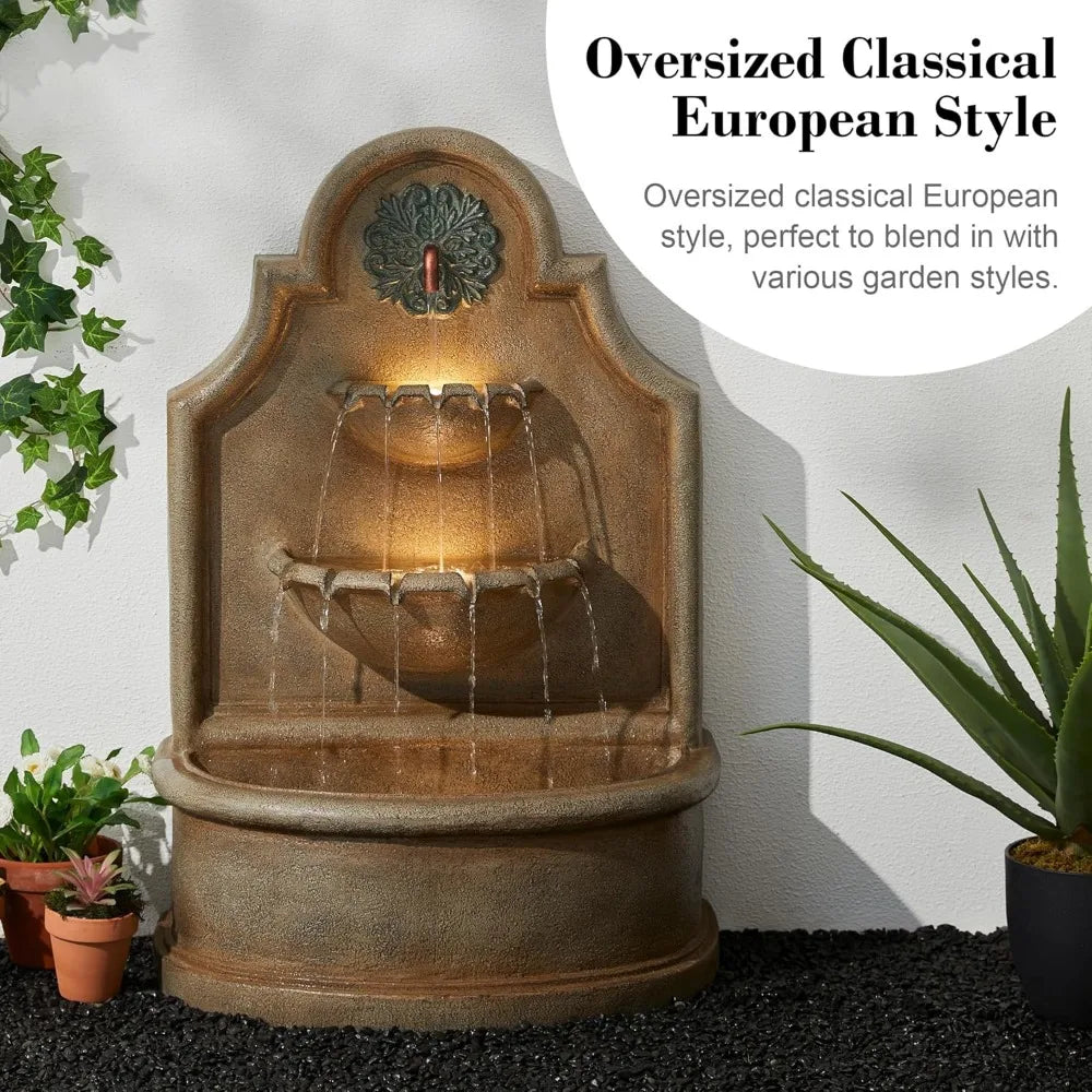 Outdoor Wall Mounted Water Fountain With LED Lights And Pump Oversized Antique European Style 3 Tier Polyresin Cascade