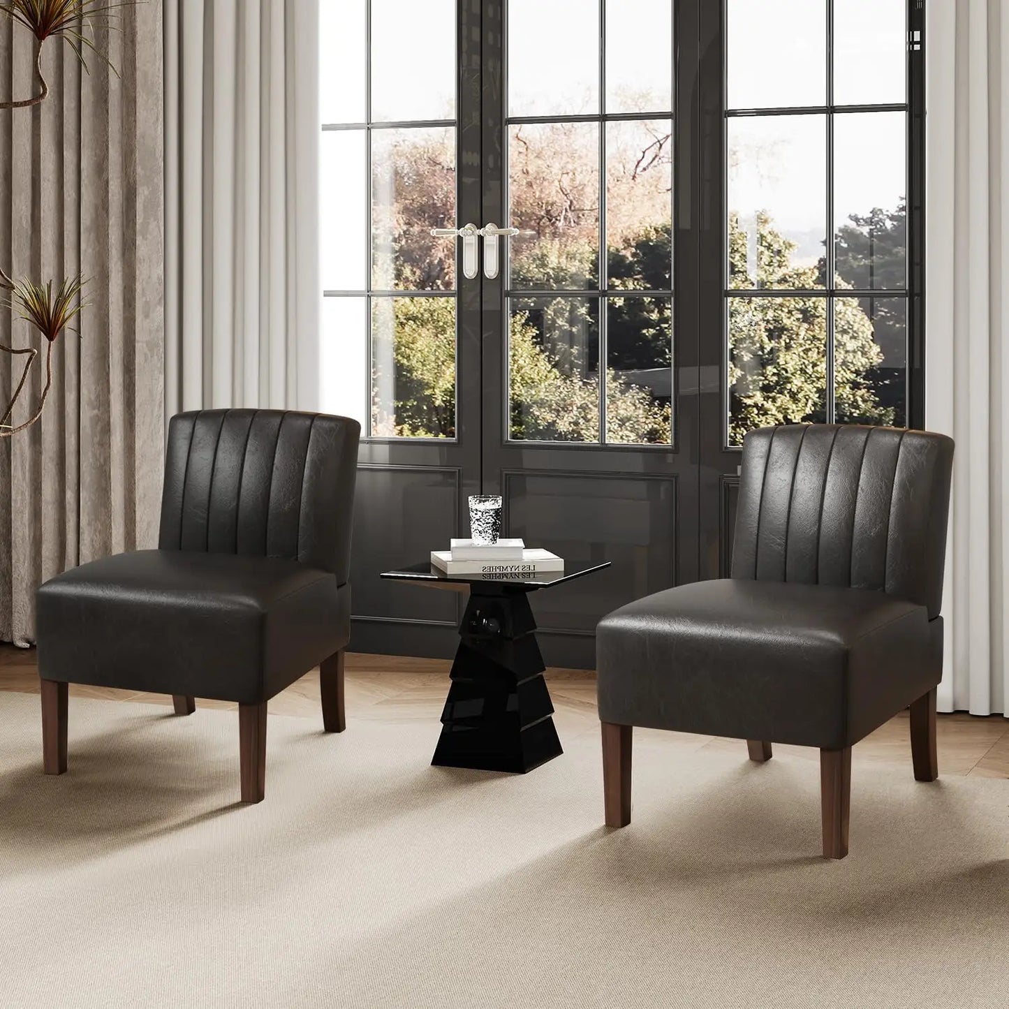 Accent Chairs Set of 2 - Modern Slipper Chairs for Living Room, Solid Wood Legs, Comfy Upholstered Fabric in Black