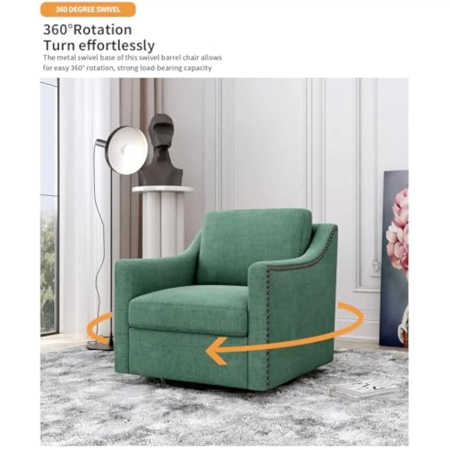 Swivel Barrel Chair, Modern Linen Boucle Swivel Accent Chair with Comfy Back Pillow, Oversized Swivel Upholstered Reading Loung