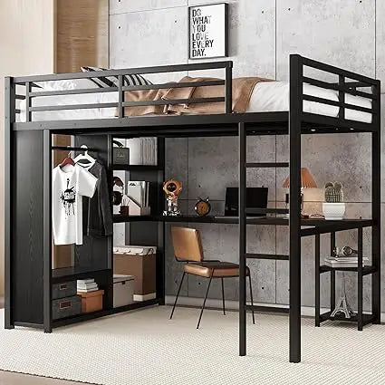 Queen Loft Bed with Desk and Storage Shelves, Queen Loft Bed with Wardrobe, Hanging Rod, Guardrail and Ladder, Balck