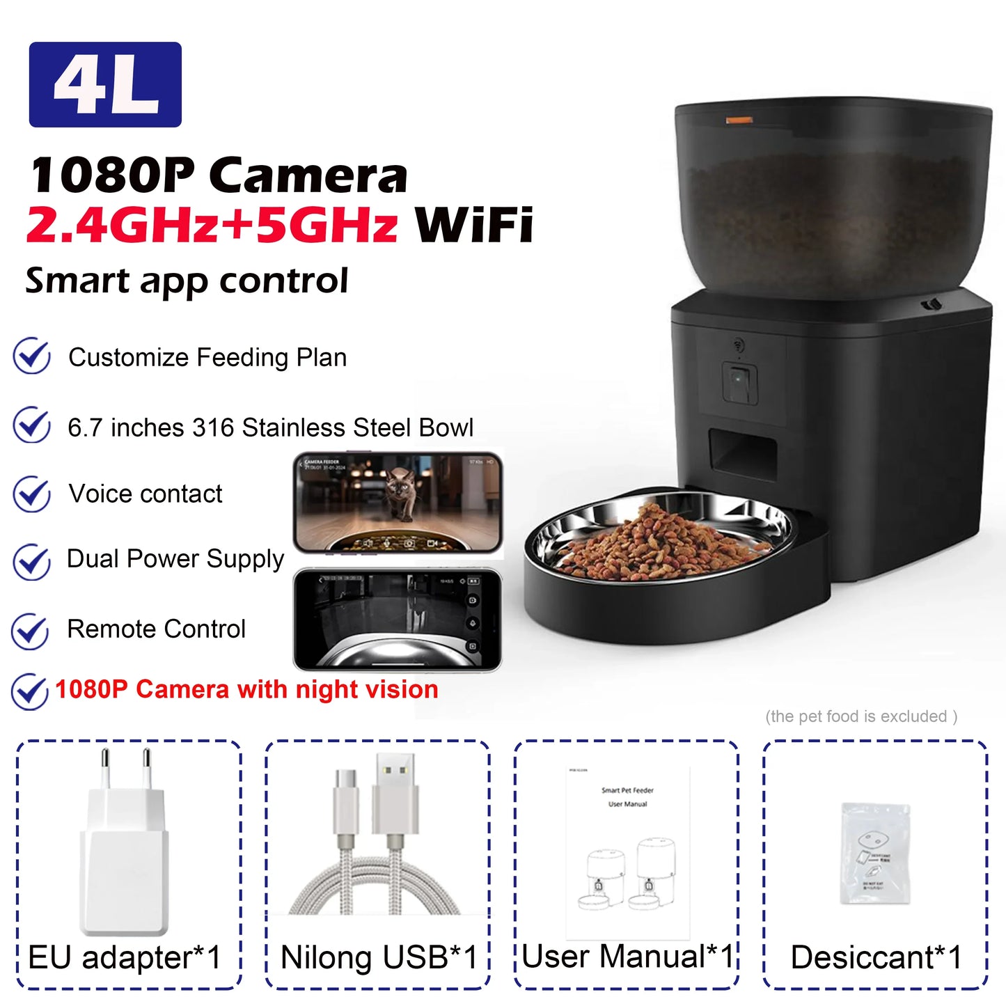 Automatic Dog Feeders with Camera 1080P HD 5G WiFi Pet Feeder Tuya App Control Automatic Cat Dog Food Dispenser Furpipi