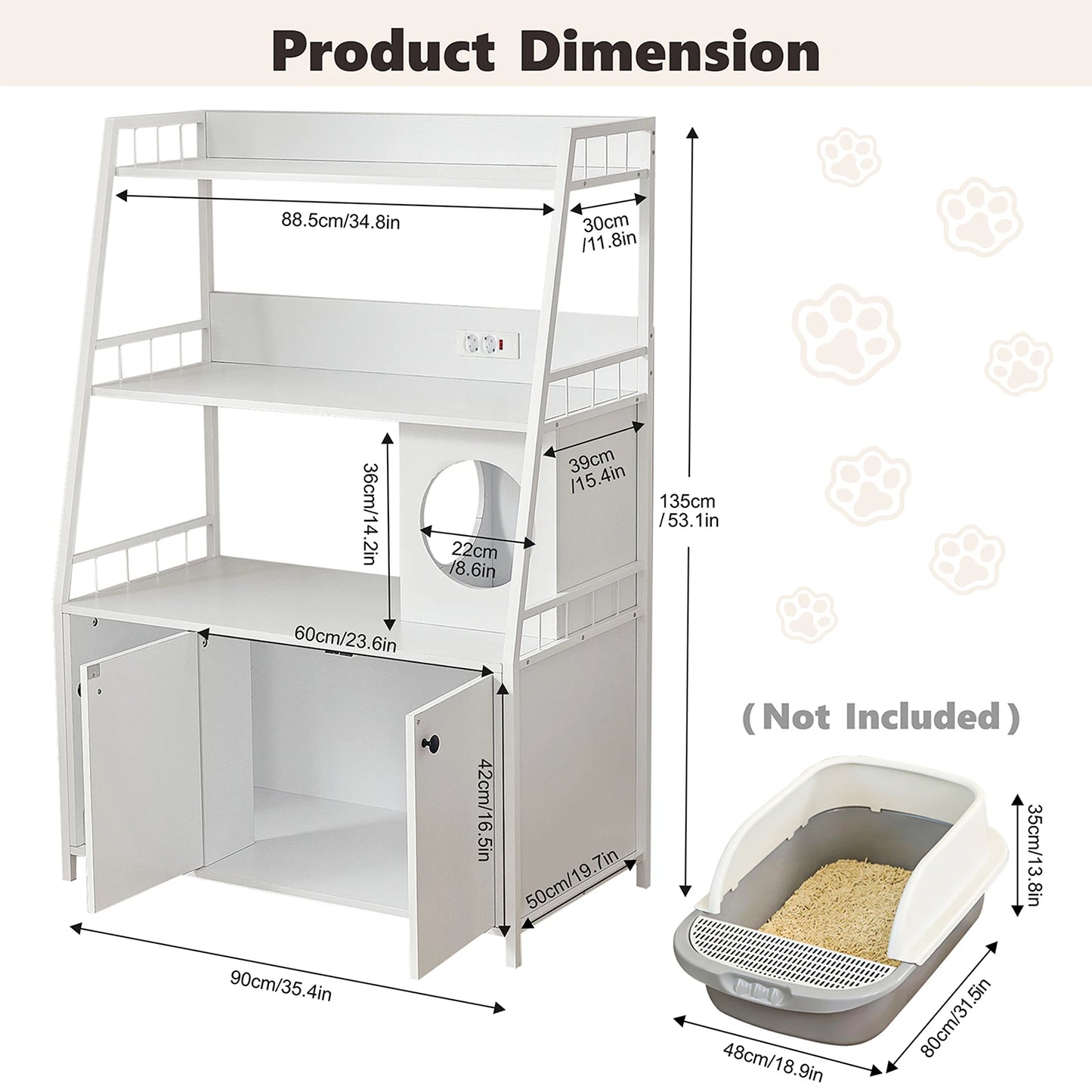 Redlife Cat Litter Box Enclosure w/ 3 Shelves and Doors, 3 in 1 Large Cat House Cabinet Wood Cat Washroom Furniture with Scratch