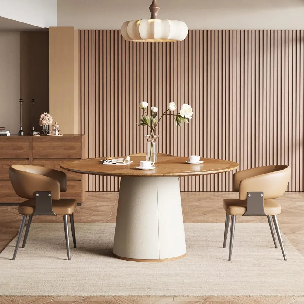 Round Faux Leather Base Dining Table for 4 to 6 People Modern Wood Kitchen Table with Round Solid Wood Veneer Top Ideal for Living Room