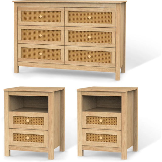 Farmhouse Bedroom Set 3 Pieces Rustic Wood 6 Drawer Dresser Nightstands Chest of Drawers Wide Storage