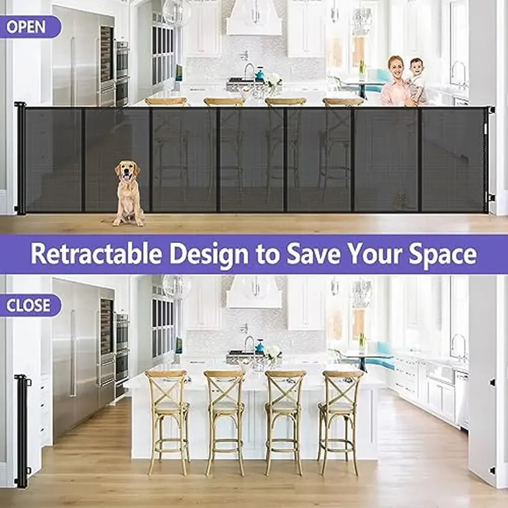 Tall Retractable Dog Gate 155 Inch Extra Wide Baby Pet Gate Reinforced Design Space Saving Easy One Handed Operation
