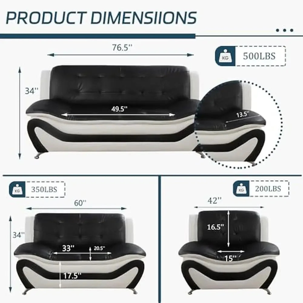 Contemporary Vegan Leather Sofa Living Room Furniture Set 3 Pieces Black White Ergonomic Design Breathable Faux Leather Upholstery