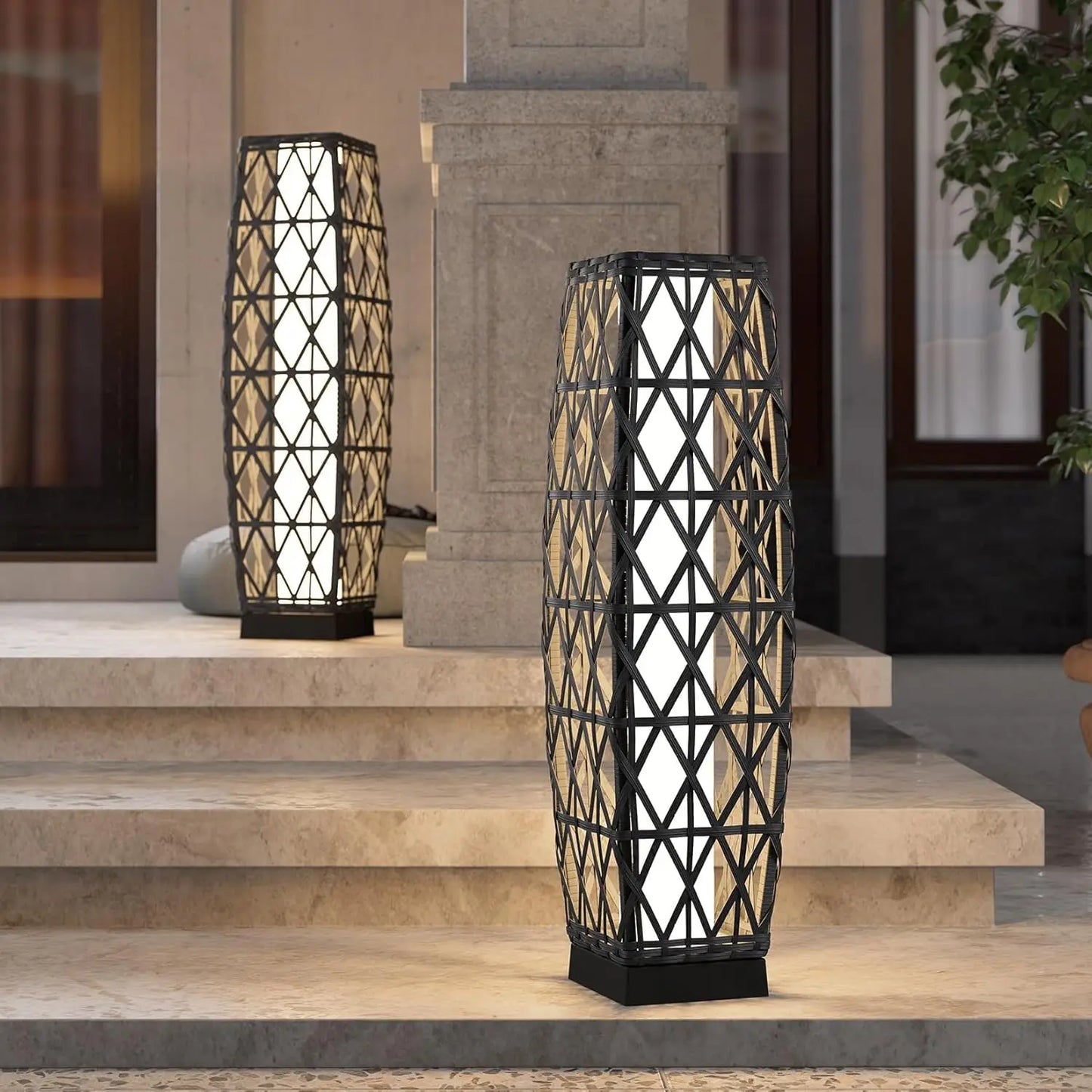 Medium Cindy Outdoor Solar Powered Woven Wicker Lantern Floor Lamp Decoration for Deck Garden Lawn Porch