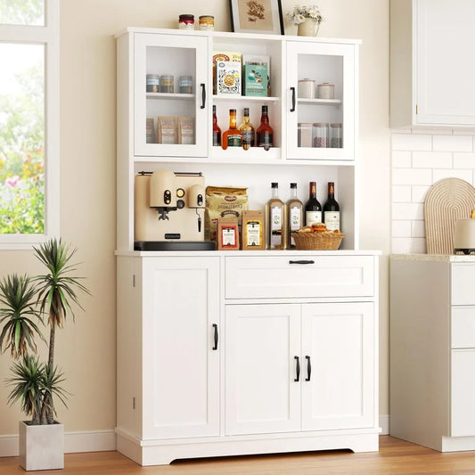 Tall Kitchen Pantry Food Storage Cabinet with Hutch and Microwave Stand Modern Coffee Bar Hutch with Glass Door and Shelves