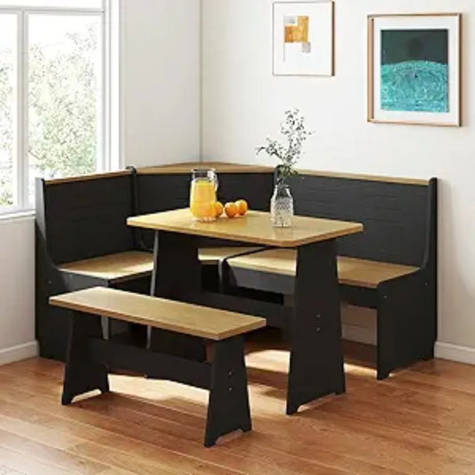 Breakfast Nook Corner Dining Table Set with Bench and Chairs for 3 to 5 People Reversible L-Shape Design in Black Oak