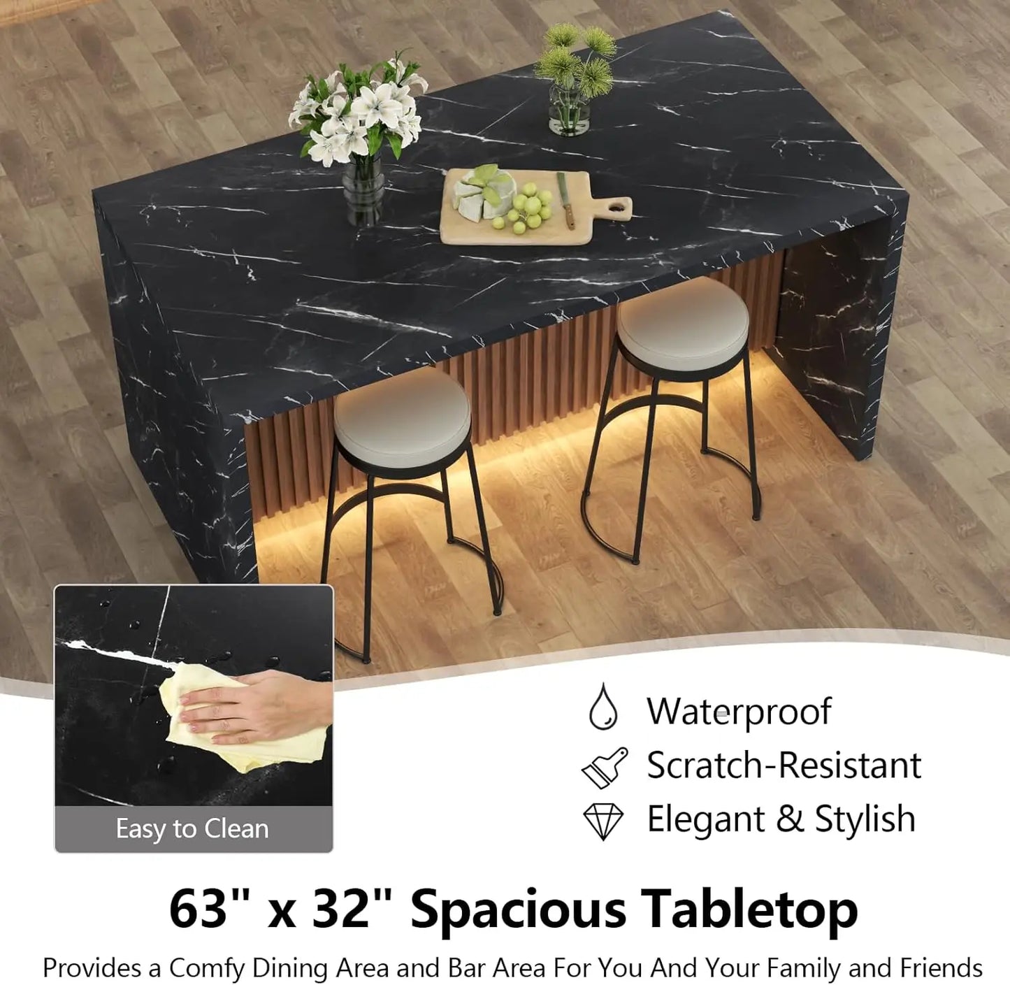 63 Inch Large Imitation Marble Dining Table for 4 to 6 People with LED Lights Modern Marble Stripes Kitchen Dining
