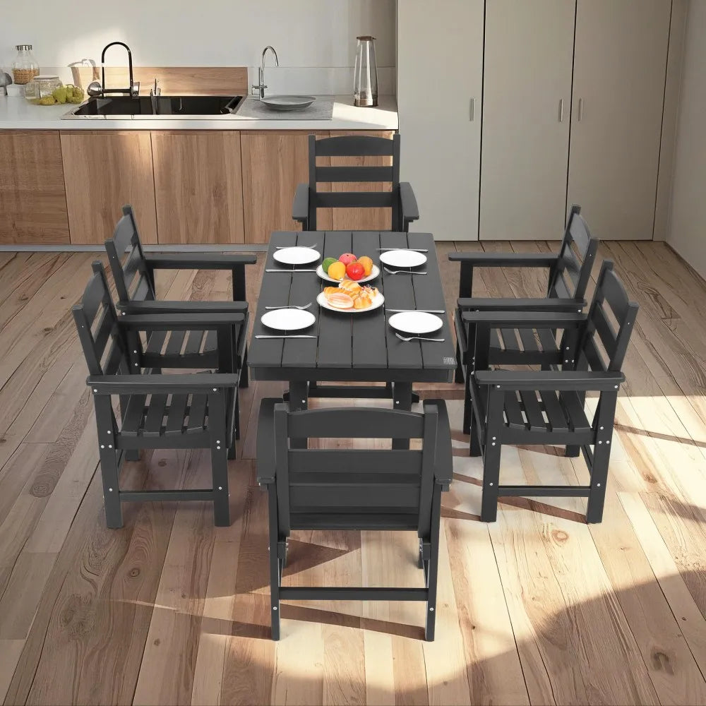 7 Piece HDPE Patio Outdoor Furniture Set for 6 with 51 Inch Dining Table and Chairs