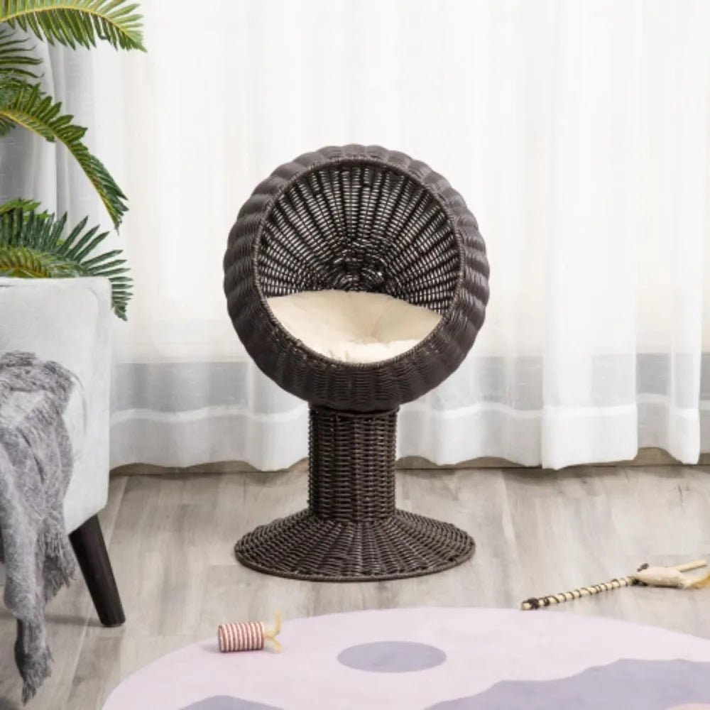 27-inch Cat Bed, Rattan Cat House, Elevated Cat House, Kitten Scratching House, with Mat, Dark Brown