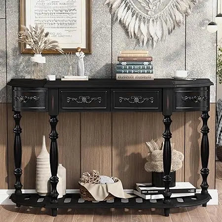 Retro Wood Curved Console Table 52 Inch Half Moon Hall Sofa Table with Drawers and Shelf for Living Room Home Furniture