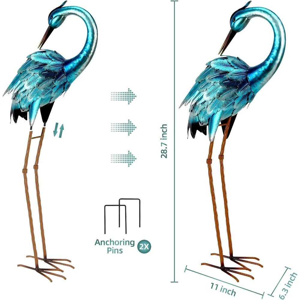 Metal Crane Garden Statue Blue Heron Sculpture Yard Art Large Heron Decoy Bird Statues Lawn Ornaments for Backyard Pond