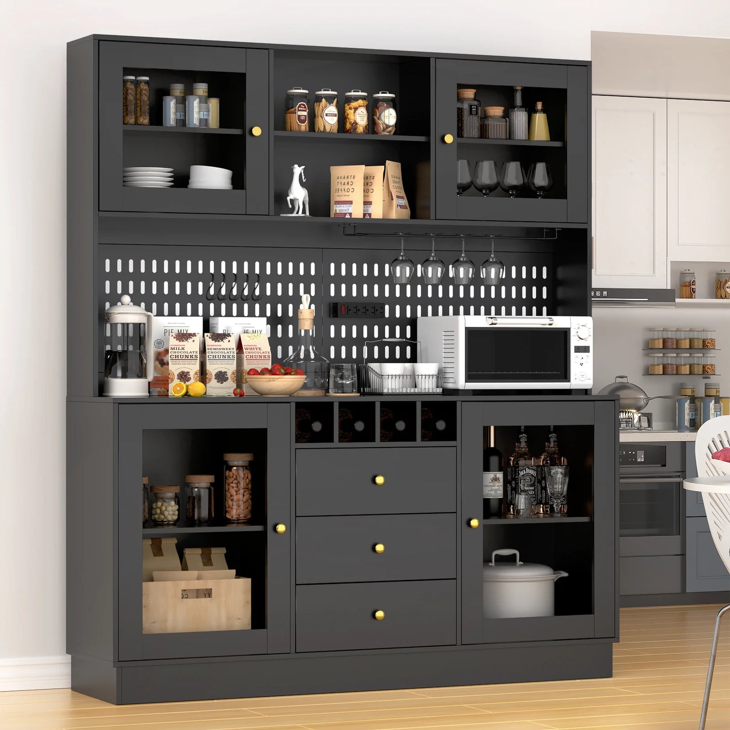 Pantry Cabinet Kitchen Storage Cabinet Freestanding Buffet Hutch with Pegboard Cup Holder Power Outlet Black