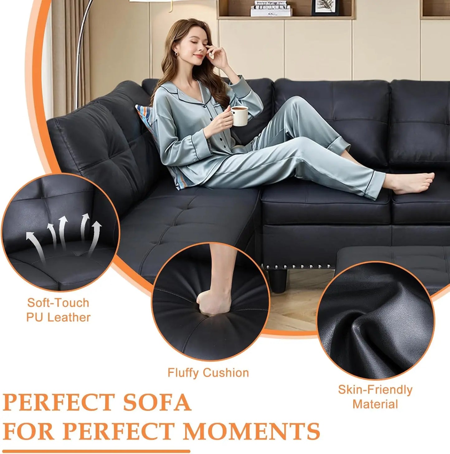Modern 4-Seater Sectional Sofa Couch with Chaise Lounge Ottoman and 2 Pillows L Shape Living Room Furniture Set