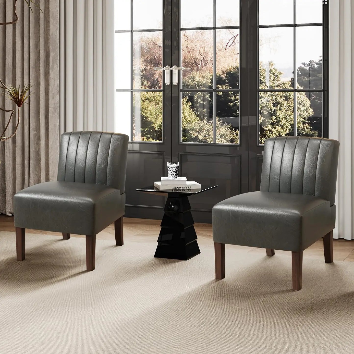 Accent Chairs Set of 2 - Modern Slipper Chairs for Living Room, Solid Wood Legs, Comfy Upholstered Fabric in Black